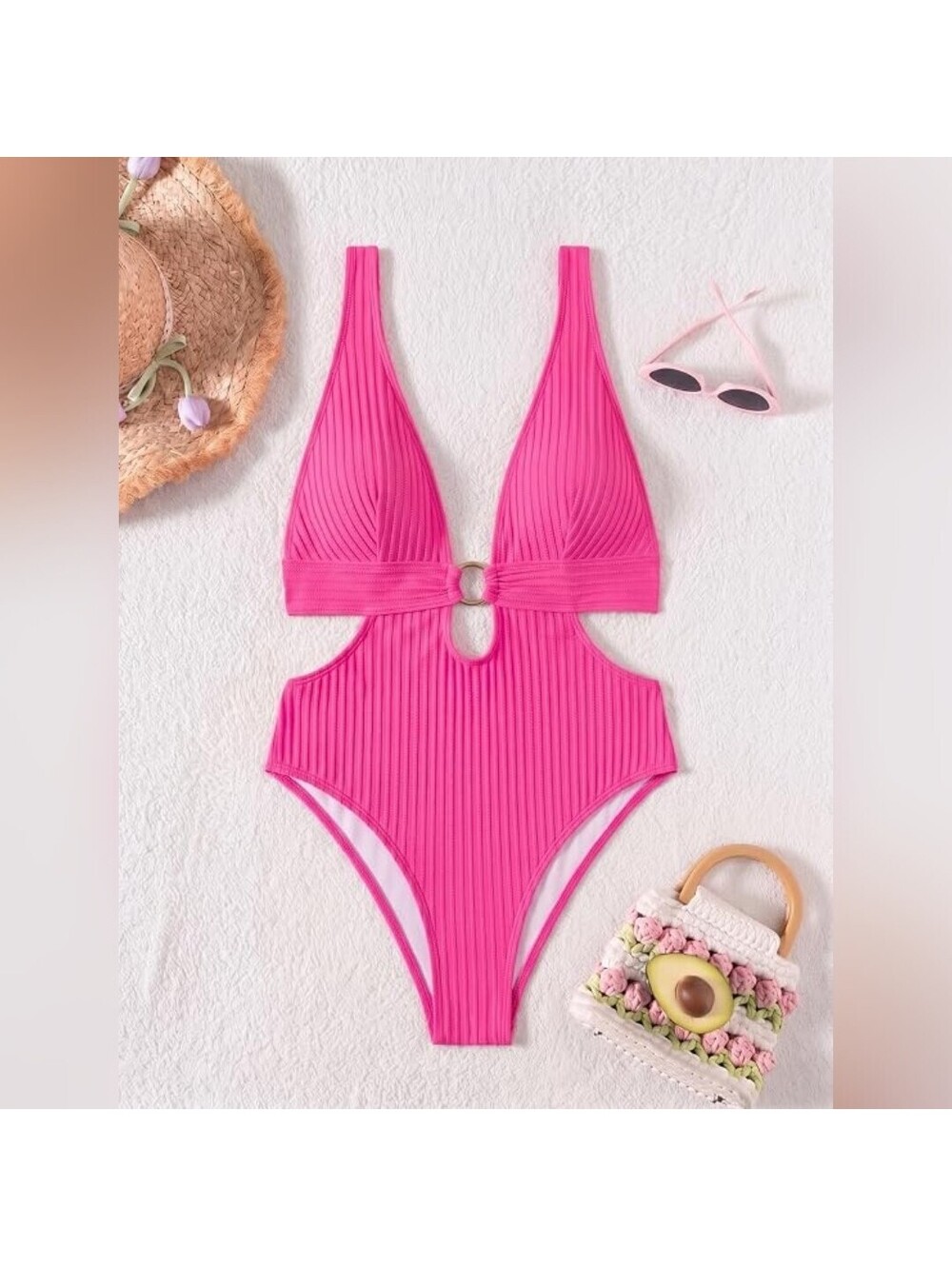 NWT Qgiug Women’s Pink Ribbed Deep V Cutout One-Piece Swimsuit, Medium (4/6)